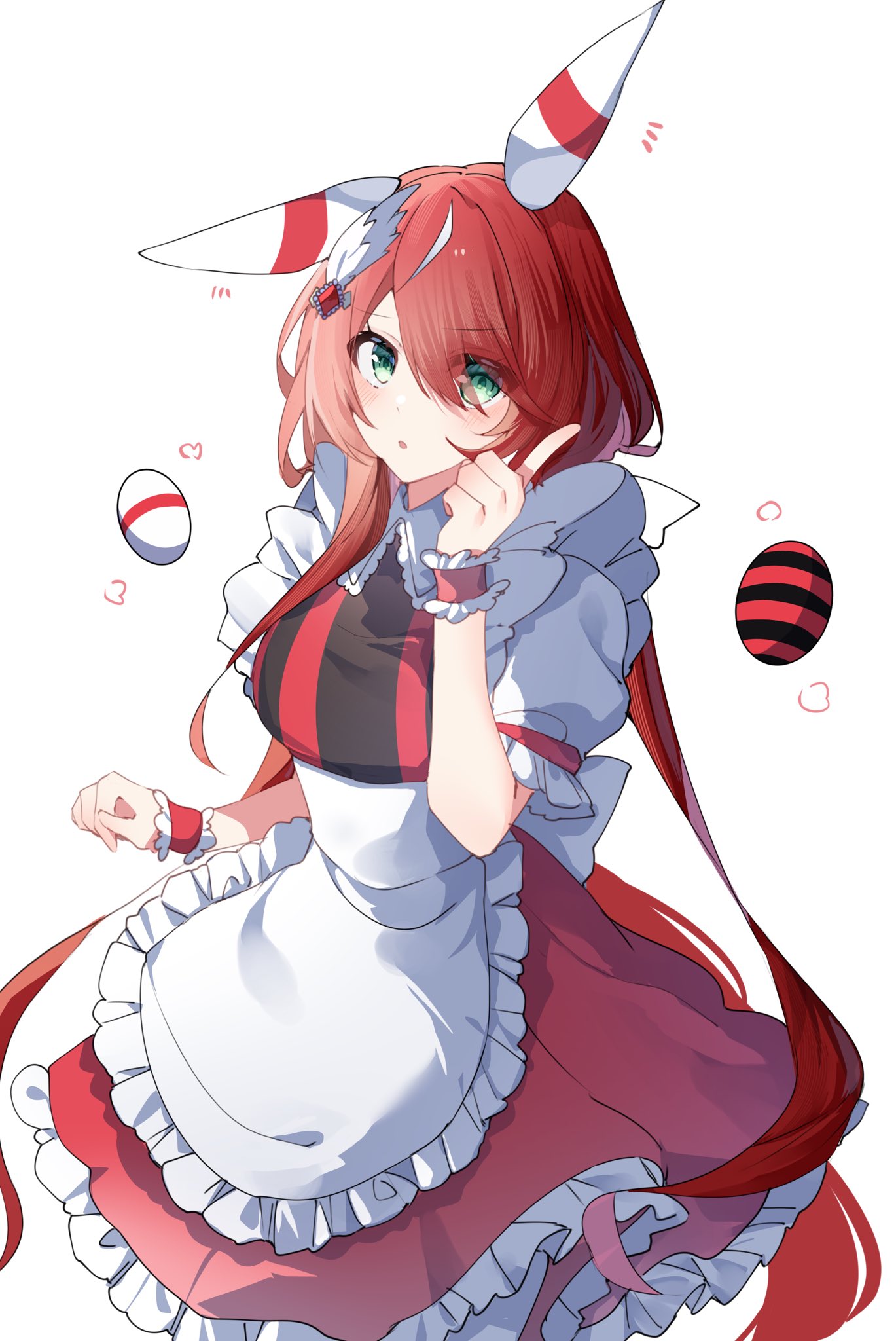 1girl alternate_costume animal_ears apron dress ear_covers enmaided frilled_apron frills green_eyes hair_over_one_eye highres horse_ears horse_girl index_finger_raised low_twintails maid maid_apron multicolored_hair puffy_short_sleeves puffy_sleeves red_dress redhead sb_(akagikeai) short_sleeves simple_background solo streaked_hair twintails umamusume waist_apron white_apron white_background white_hair win_variation_(umamusume)