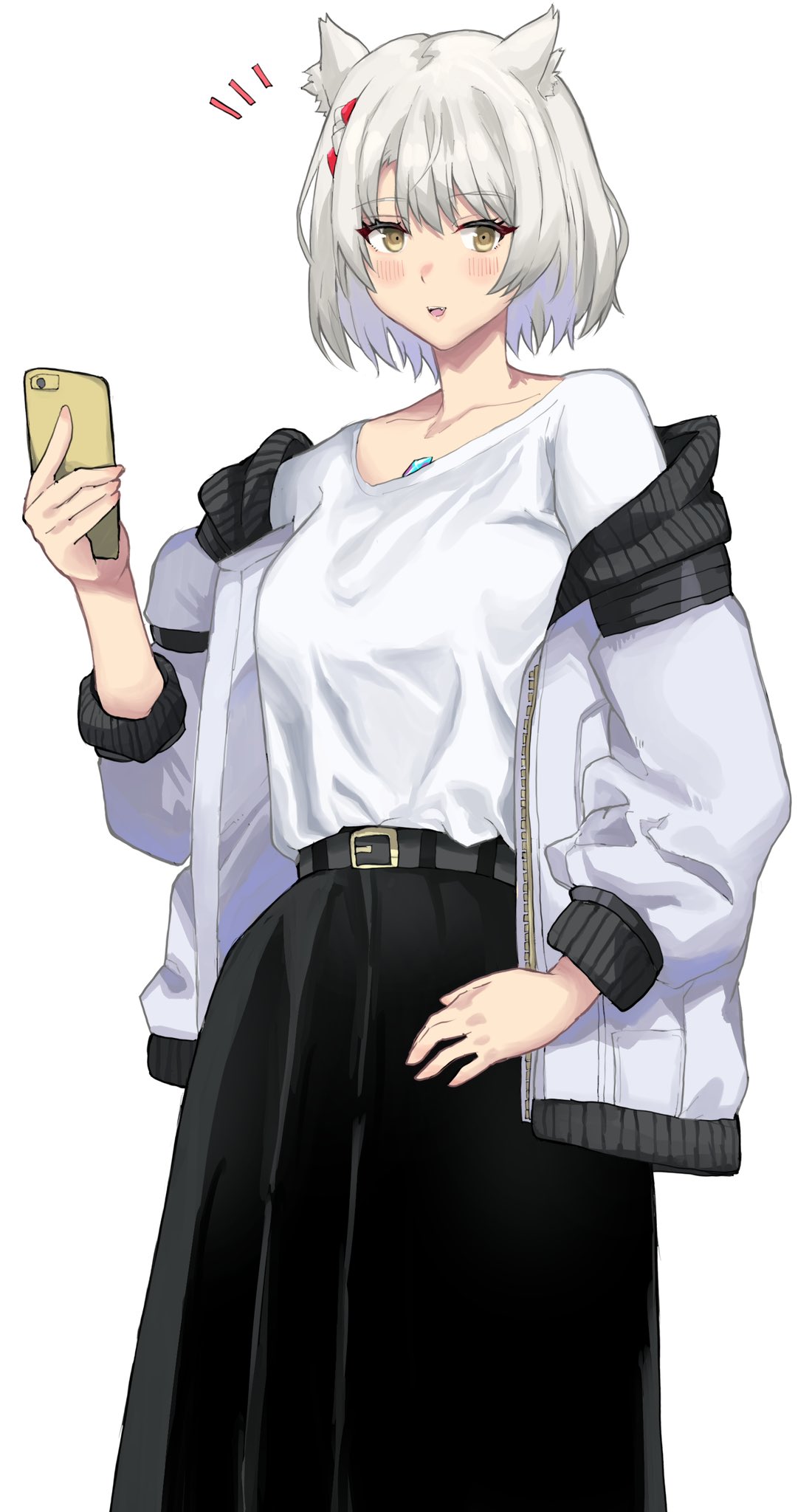 1girl alternate_costume animal_ears belt black_skirt cat_ears cat_girl cellphone collarbone commentary_request highres holding holding_phone jacket long_skirt mio_(xenoblade) notice_lines open_clothes open_jacket open_mouth phone shirt short_hair simple_background skirt solo standing white_background white_hair white_jacket white_shirt xenoblade_chronicles_(series) xenoblade_chronicles_3 yamame_012 yellow_eyes zipper
