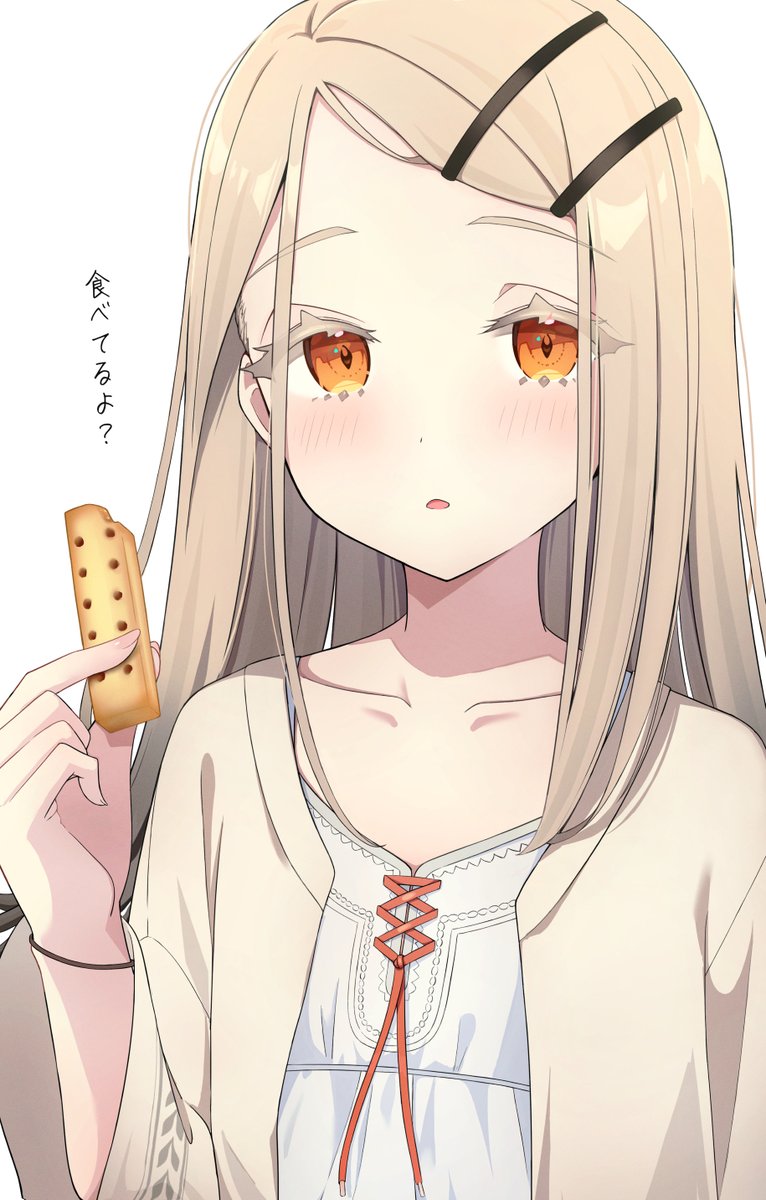 1girl blonde_hair blush caloriemate camisole collarbone expressionless flat_chest food gakuen_idolmaster hair_ornament hairclip highres idolmaster jacket long_hair looking_at_viewer open_clothes open_jacket orange_eyes parted_lips sasai_nakoto shinosawa_hiro simple_background solo upper_body white_background white_camisole