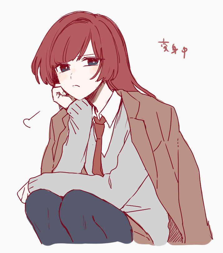 1girl blue_eyes blush frown hand_on_own_cheek hand_on_own_face jacket jacket_on_shoulders long_hair looking_at_viewer maco22 original pantyhose puff_of_air redhead solo squatting sweater translation_request