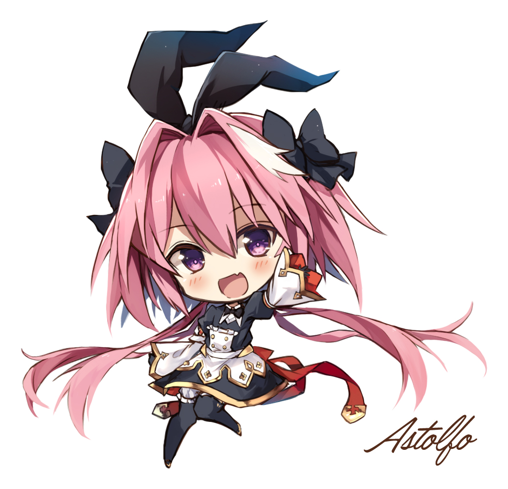 1boy animal_ears astolfo_(fate) astolfo_(saber)_(fate) astolfo_(saber)_(third_ascension)_(fate) black_bow black_bowtie black_gloves black_pantyhose blush bow bowtie character_name chibi dress fake_animal_ears fang fate/grand_order fate_(series) gloves gold_trim hair_between_eyes hair_bow hair_intakes leg_up long_hair male_focus multicolored_hair open_mouth otoko_no_ko pantyhose pink_hair rabbit_ears red_ribbon ribbon riia simple_background skin_fang solo streaked_hair twintails two-tone_hair very_long_hair violet_eyes white_background white_hair wide_sleeves
