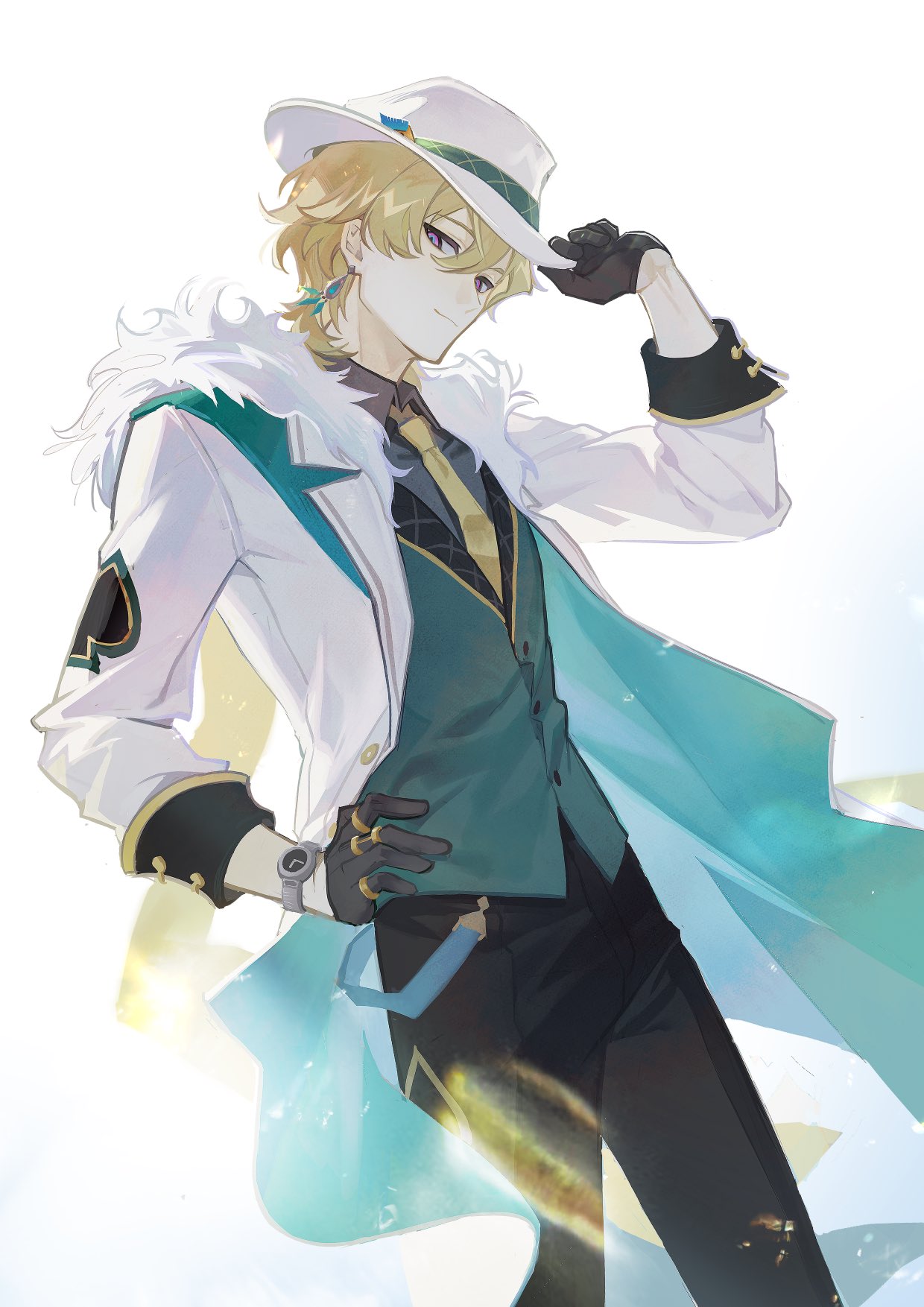 1boy aventurine_(honkai:_star_rail) black_gloves black_pants blonde_hair blue_eyes buttons cancanbingo closed_mouth coat collared_shirt cowboy_shot earrings fedora fur-trimmed_coat fur_trim gloves grey_shirt hair_between_eyes half_gloves hand_on_headwear hand_on_own_hip hand_up hashtag_only_commentary hat highres honkai:_star_rail honkai_(series) jewelry lapels long_sleeves looking_at_viewer male_focus multicolored_eyes multiple_rings necktie open_clothes open_coat pants parted_bangs ring shirt short_hair sideways_glance simple_background sleeves_rolled_up smile solo spade_(shape) standing vest violet_eyes watch watch white_background white_coat white_hat wing_collar yellow_necktie