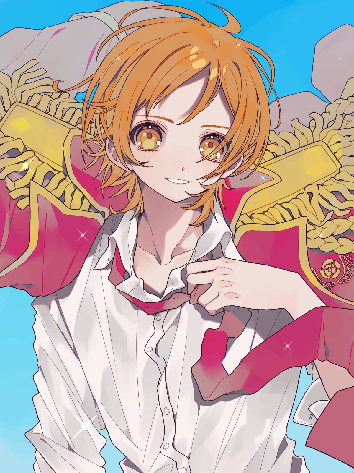 1boy adjusting_clothes adjusting_necktie ao_(ao0_0nemu) bad_id bad_twitter_id collared_shirt commentary_request epaulettes hand_up hayami_hiro highres jacket jacket_on_shoulders king_of_prism looking_at_viewer male_focus necktie open_mouth orange_hair pink_jacket pink_necktie pretty_rhythm pretty_series shirt short_hair smile solo upper_body white_shirt wind yellow_eyes
