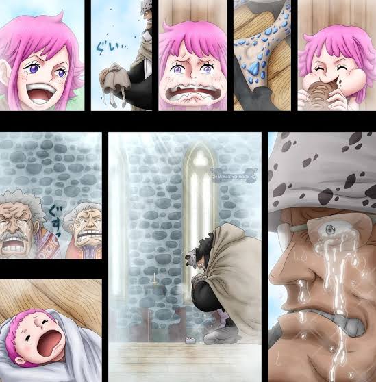 age_progression baby bartholomew_kuma colorized corpse crying death ginny_(one_piece) glasses jewelry_bonney multiple_boys multiple_girls official_art old_man old_woman one_piece tears