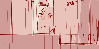 apartment balcony bird blue_archive blush_stickers bulging_eyes clothesline curtains from_outside looking_at_viewer looking_outside lowres maibotsumou monochrome no_humans oekaki open_mouth peeking_out peroro_(blue_archive) rain red_theme tongue tongue_out wall-eyed