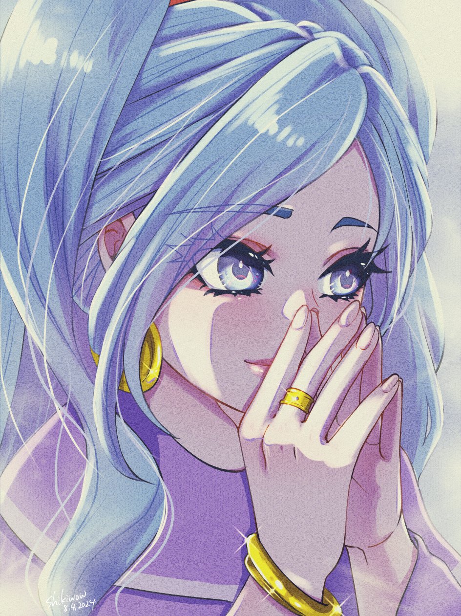 1girl artist_name bangle blue_eyes blue_hair bracelet chrono_trigger dated dress earrings gold_earrings gold_ring grey_background hands_over_own_mouth highres jewelry light_blue_hair long_hair long_sleeves looking_to_the_side own_hands_together parted_bangs ponytail purple_dress schala_zeal shikiwo smile solo upper_body wavy_hair wide_ponytail wide_sleeves