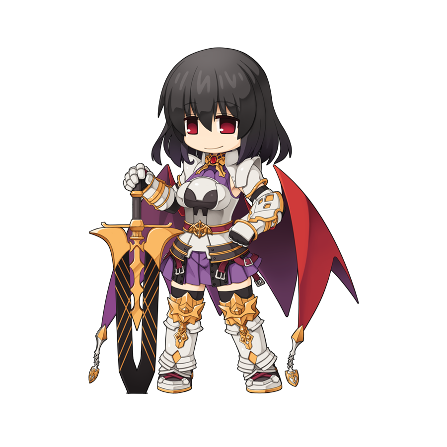 1girl armor armored_boots black_gloves black_hair black_thighhighs boots breastplate breasts cape chibi clenched_hand closed_mouth cross dragon_knight_(ragnarok_online) fake_wings full_body gauntlets gloves hair_between_eyes holding holding_sword holding_weapon looking_at_viewer medium_bangs medium_breasts medium_hair miniskirt official_art pauldrons planted planted_sword purple_shirt purple_skirt ragnarok_online red_cape red_eyes shirt shoulder_armor simple_background skirt sleeveless sleeveless_shirt smile solo standing sword tabard tachi-e thigh-highs transparent_background weapon wings yuichirou