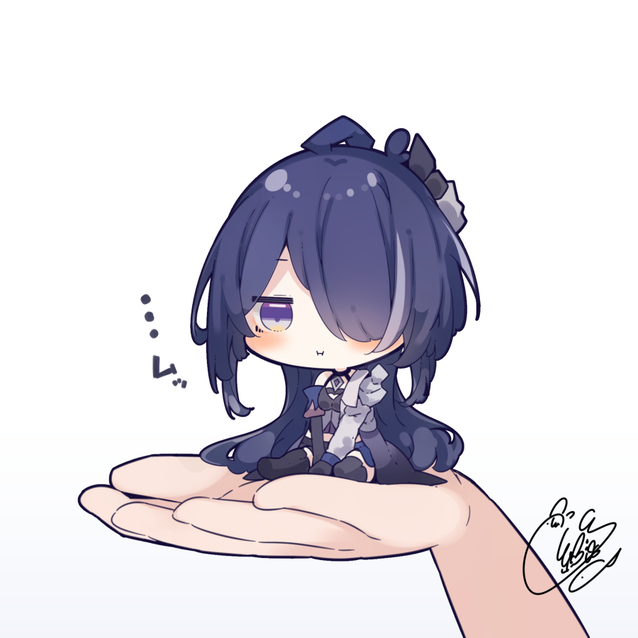 1girl 1other :i acheron_(honkai:_star_rail) asymmetrical_gloves beni_shake between_legs black_footwear black_gloves black_shorts blue_hair blush boots breasts chibi closed_mouth commentary_request elbow_gloves gloves hair_over_one_eye hand_between_legs hand_up honkai:_star_rail honkai_(series) in_palm long_hair medium_breasts out_of_frame pout shorts signature simple_background single_elbow_glove sitting solo_focus thigh_boots translation_request very_long_hair violet_eyes white_background