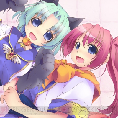 2girls animal_ears animal_hands atelier-moo bell blue_eyes blush cat_ears cat_paws cynthia_laptess fang gloves green_hair long_hair lowres melissa_iscia multiple_girls open_mouth paw_gloves redhead short_hair side_ponytail upper_body wizards_harmony