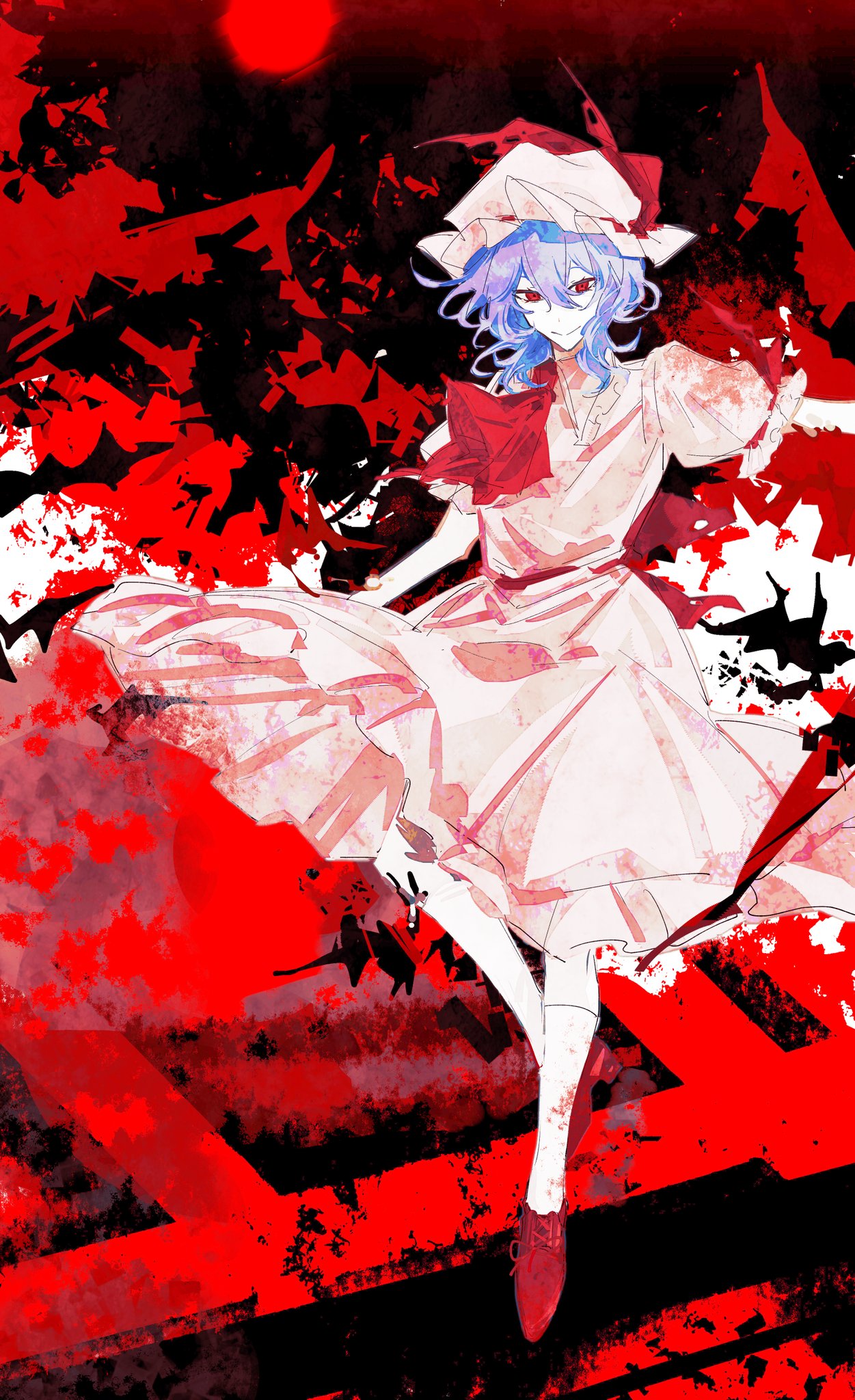 1girl ascot blue_hair closed_mouth commentary dress flat_chest foot_up frilled_shirt_collar frilled_sleeves frills full_body hair_between_eyes hat hat_ribbon highres long_bangs looking_at_viewer medium_hair mob_cap oiviie pink_dress pink_hat puffy_short_sleeves puffy_sleeves red_ascot red_background red_eyes red_footwear red_ribbon red_theme remilia_scarlet ribbon shoes short_sleeves smile socks solo touhou white_socks