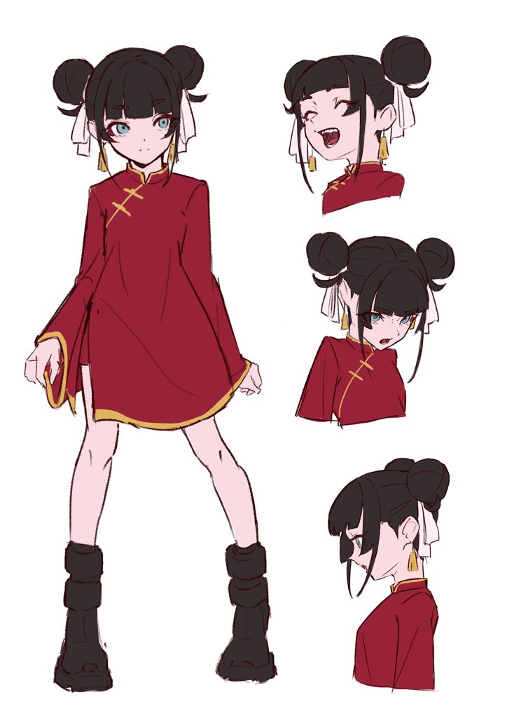 1girl angry arms_at_sides black_footwear black_hair blunt_bangs boots breasts china_dress chinese_clothes closed_eyes double_bun dress earrings full_body gaako_illust gold_trim grey_eyes hair_bun hair_ribbon jewelry laughing looking_at_viewer multiple_views open_mouth original profile red_dress red_shorts ribbon short_hair shorts side_slit sidelocks sketch small_breasts split_mouth standing tassel tassel_earrings teeth white_background white_ribbon