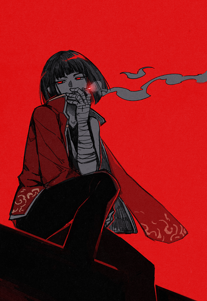 1girl bandaged_hand bandages black_hair black_pants cigarette flaw_eight hand_up highres jacket jacket_on_shoulders knee_up limbus_company looking_to_the_side pants project_moon red_background red_eyes red_jacket red_thighhighs ryoshu_(project_moon) short_hair simple_background sitting smoke smoking solo thigh-highs