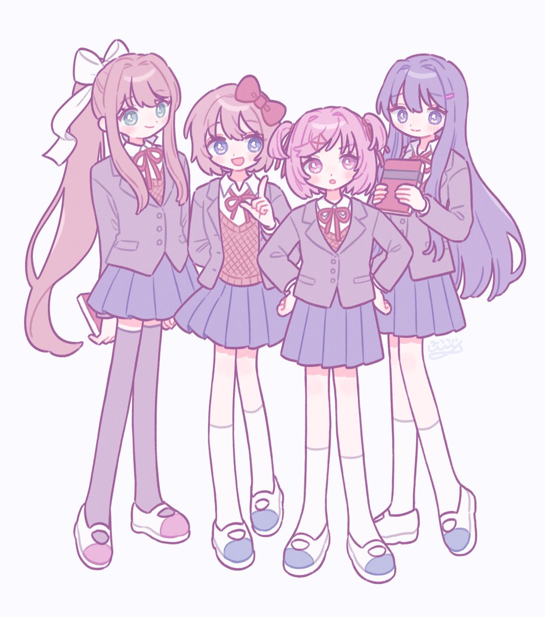 4girls arms_behind_back black_thighhighs blue_eyes blue_footwear blue_hair blue_skirt book bow brown_hair brown_sweater_vest closed_mouth collared_shirt doki_doki_literature_club full_body green_eyes grey_jacket hair_bow hair_ornament hairclip hands_on_own_hips highres holding holding_book jacket long_hair long_sleeves monika_(doki_doki_literature_club) multiple_girls natsuki_(doki_doki_literature_club) neck_ribbon nicogoly open_mouth parted_lips pink_eyes pink_hair pleated_skirt pointing ponytail red_bow red_footwear red_ribbon ribbon sayori_(doki_doki_literature_club) school_uniform shirt short_hair short_twintails sidelocks skirt smile socks sweater_vest thigh-highs twintails two-tone_footwear white_background white_bow white_footwear white_shirt white_socks yuri_(doki_doki_literature_club)