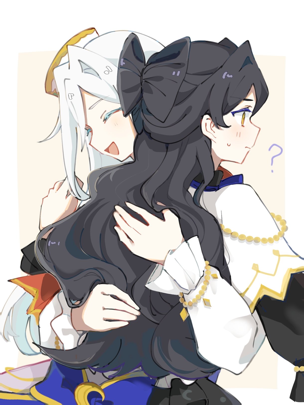 2girls ? black_hair capelet chain chinese_commentary closed_eyes closed_mouth commentary_request crescent facing_viewer hair_intakes hands_on_another's_back hao02909434040 hat highres hug kiratto_pri_chan long_hair long_sleeves luluna_(pri_chan) mini_hat multiple_girls open_mouth pretty_series profile puffy_long_sleeves puffy_sleeves siblings sisters smile solulu sweatdrop twins upper_body wavy_hair white_capelet white_hair yellow_eyes