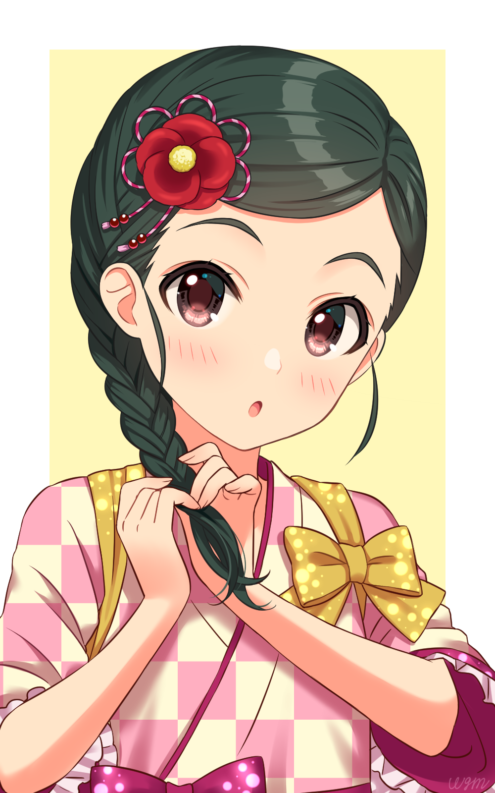 1girl blush border bow braid breasts brown_eyes flower green_hair hair_flower hair_ornament hands_up highres idolmaster idolmaster_cinderella_girls idolmaster_cinderella_girls_starlight_stage japanese_clothes kimono long_hair looking_at_viewer open_mouth outside_border pink_kimono purple_bow red_flower short_sleeves shuto_aoi simple_background small_breasts solo tasuki upper_body wgm_oekaki white_border yellow_background yellow_bow