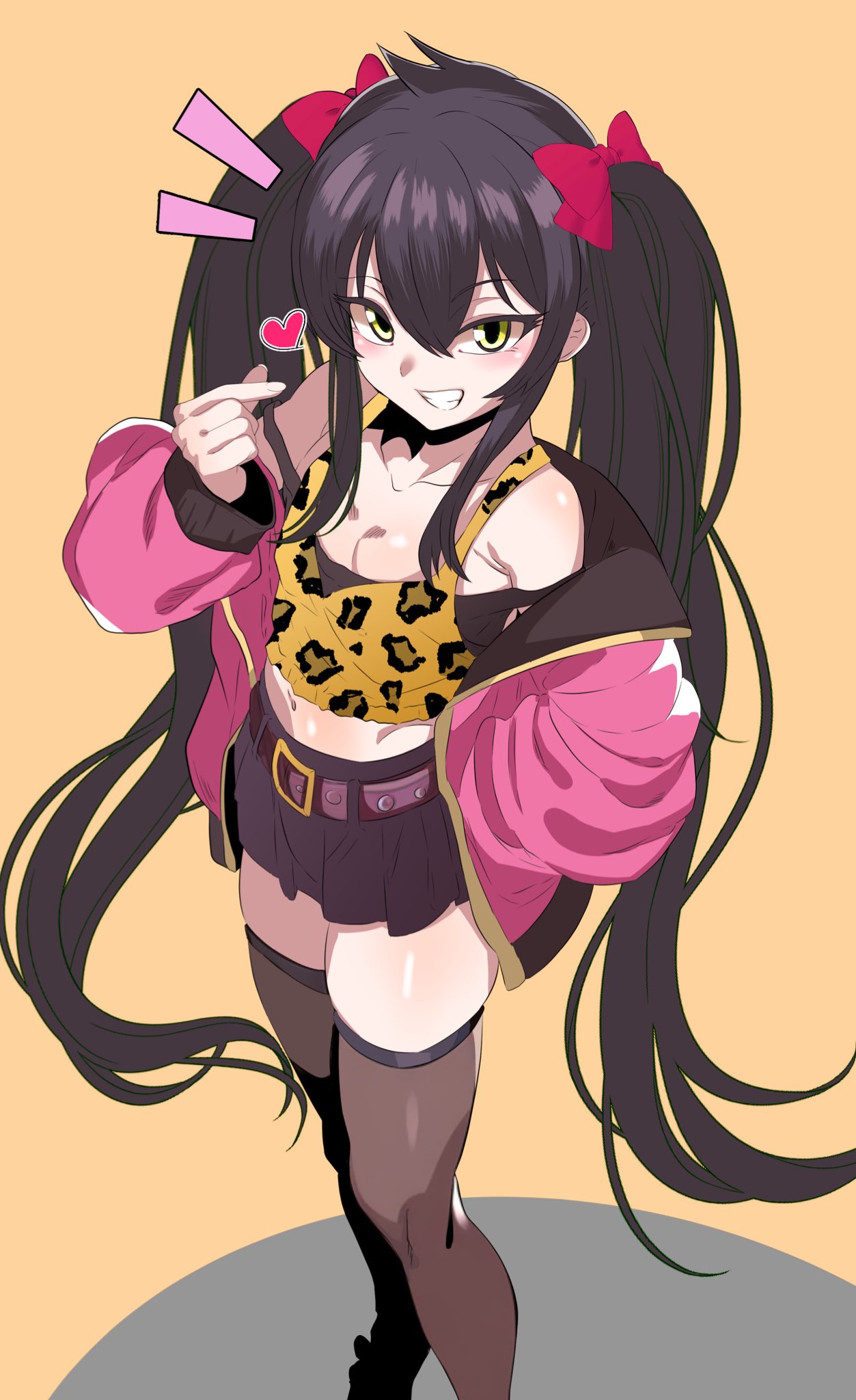 1girl animal_print belt belted_skirt black_hair black_skirt black_thighhighs bow brown_belt collarbone commentary_request eyelashes finger_heart flat_chest grin hair_between_eyes hair_bow hand_in_pocket hand_up heart highres idolmaster idolmaster_cinderella_girls jacket kazuta1000 legs leopard_print light_blush long_hair long_sleeves looking_at_viewer matoba_risa miniskirt navel notice_lines open_clothes open_jacket pink_jacket print_shirt red_bow shirt sidelocks skirt smile solo standing tank_top teeth thigh-highs thighs twintails yellow_background yellow_eyes yellow_shirt