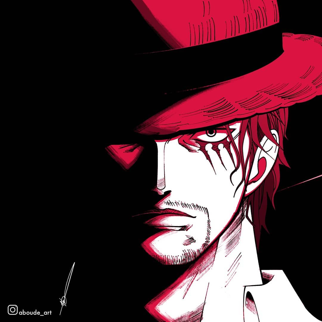 1boy aboude_art artist_name closed_mouth facial_hair hat instagram_logo instagram_username limited_palette looking_at_viewer male_focus one_piece redhead scar scar_across_eye scar_on_face shanks_(one_piece) short_hair signature solo straw_hat