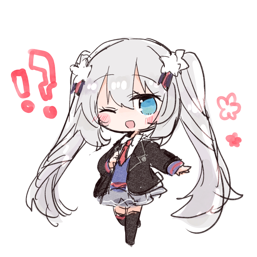 !? 1girl ;d black_jacket black_thighhighs blue_eyes blue_sweater blush chibi chibi_only collared_shirt fate/grand_order fate_(series) flower full_body grey_hair grey_skirt hair_between_eyes hair_ornament jacket long_hair looking_at_viewer marie_antoinette_(alter)_(fate) marie_antoinette_(fate) necktie one_eye_closed open_clothes open_jacket open_mouth red_necktie school_uniform shio_kuzumochi shirt simple_background skirt smile solo standing standing_on_one_leg sweater thigh-highs twintails very_long_hair white_background white_shirt wing_collar