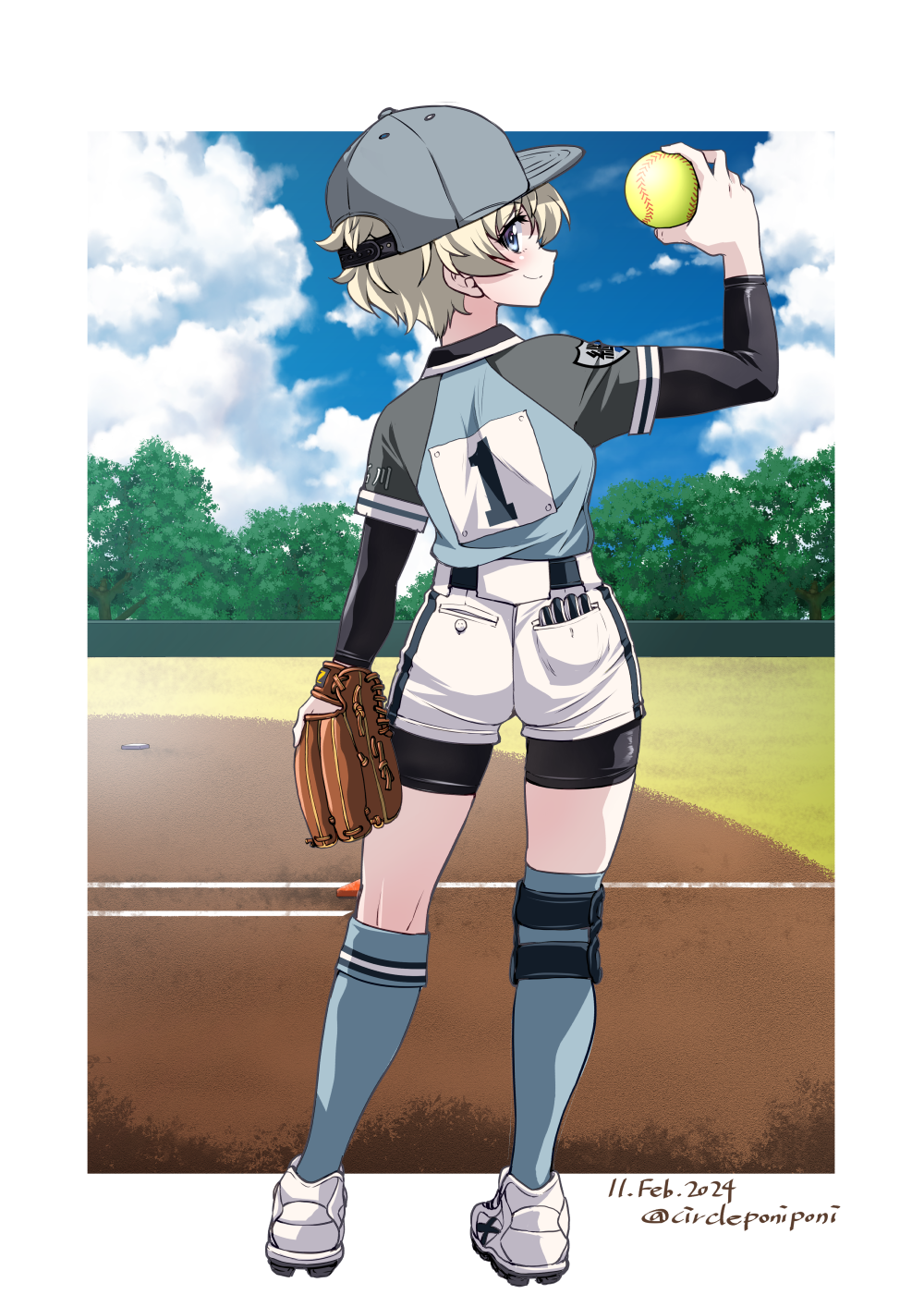 1girl ball baseball_cap baseball_field baseball_mitt bike_shorts bike_shorts_under_shorts black_shorts blue_eyes blue_hat blue_shirt blue_sky blue_socks closed_mouth clouds cloudy_sky commentary_request dated day emblem from_behind girls_und_panzer hat highres holding holding_ball inoue_yoshihisa keizoku_(emblem) knee_pads kneehighs layered_sleeves long_sleeves looking_at_viewer looking_back outdoors partial_commentary shirt short_hair short_over_long_sleeves short_shorts short_sleeves shorts sky smile socks softball softball_uniform solo sportswear standing twitter_username white_hair white_shorts youko_(girls_und_panzer)