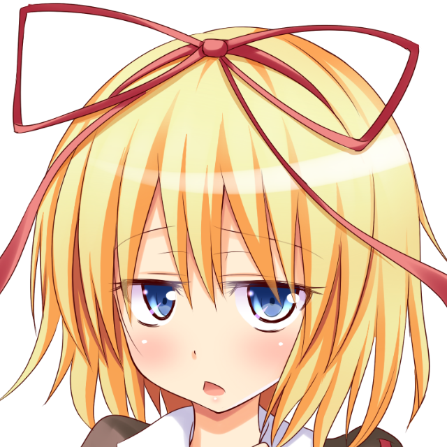1girl blonde_hair blue_eyes blush commentary_request gin'you_haru hair_ribbon looking_at_viewer medicine_melancholy open_mouth portrait profile_picture red_ribbon ribbon simple_background solo touhou upper_body white_background