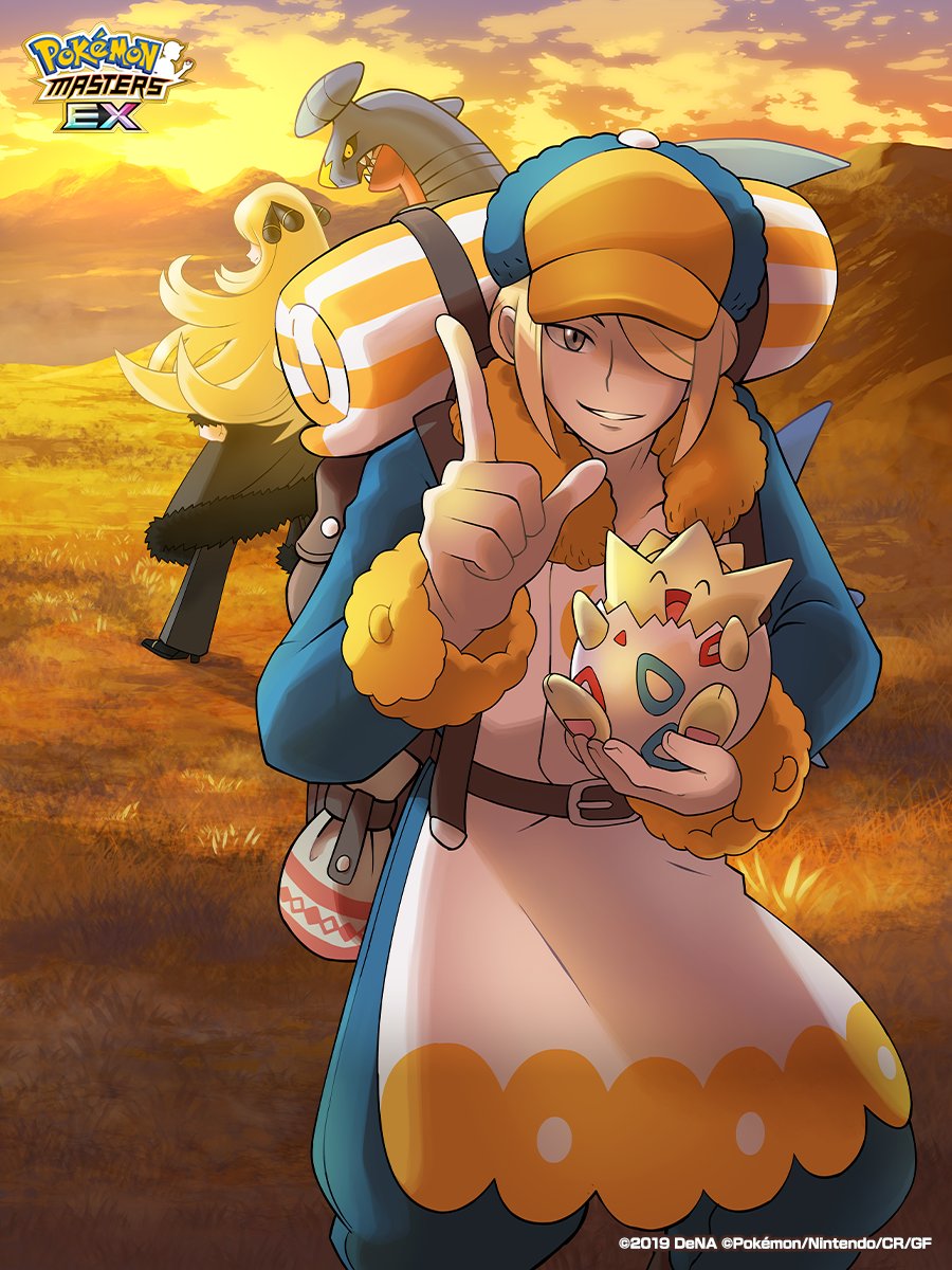 1boy 1girl artist_request backpack bag black_footwear black_sclera blonde_hair closed_eyes coat colored_sclera commentary_request cynthia_(pokemon) fur-trimmed_coat fur_trim garchomp ginkgo_guild_uniform grass grey_eyes hair_over_one_eye highres holding holding_pokemon index_finger_raised logo long_hair looking_at_viewer mountainous_horizon official_art outdoors pokemon pokemon_(creature) pokemon_dppt pokemon_legends:_arceus pokemon_masters_ex sharp_teeth smile standing teeth togepi very_long_hair volo_(pokemon)