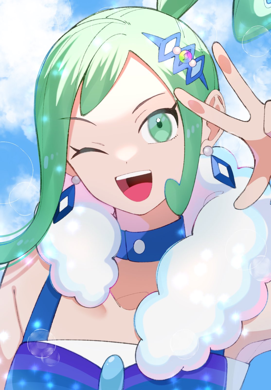 1girl ;d blue_collar blue_vest clouds collar commentary_request day earrings eyelashes green_eyes green_hair hand_up happy highres jewelry kana_(kanna_runa0620) lisia_(pokemon) one_eye_closed open_mouth outdoors pokemon pokemon_oras scarf sidelocks sky smile solo teeth tongue upper_body upper_teeth_only vest w white_scarf