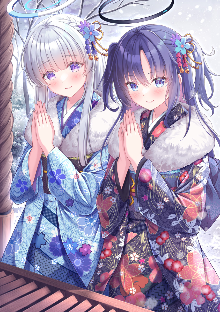 2girls bare_tree black_kimono blue_archive blue_eyes blue_hair blue_kimono blush closed_mouth commentary_request floral_print fur_collar grey_hair halo highres japanese_clothes kimono long_hair long_sleeves looking_at_viewer multiple_girls noa_(blue_archive) obi outdoors own_hands_together palms_together parted_bangs print_kimono sash shirakawako smile snow snowing tree two_side_up very_long_hair violet_eyes wide_sleeves yuuka_(blue_archive)