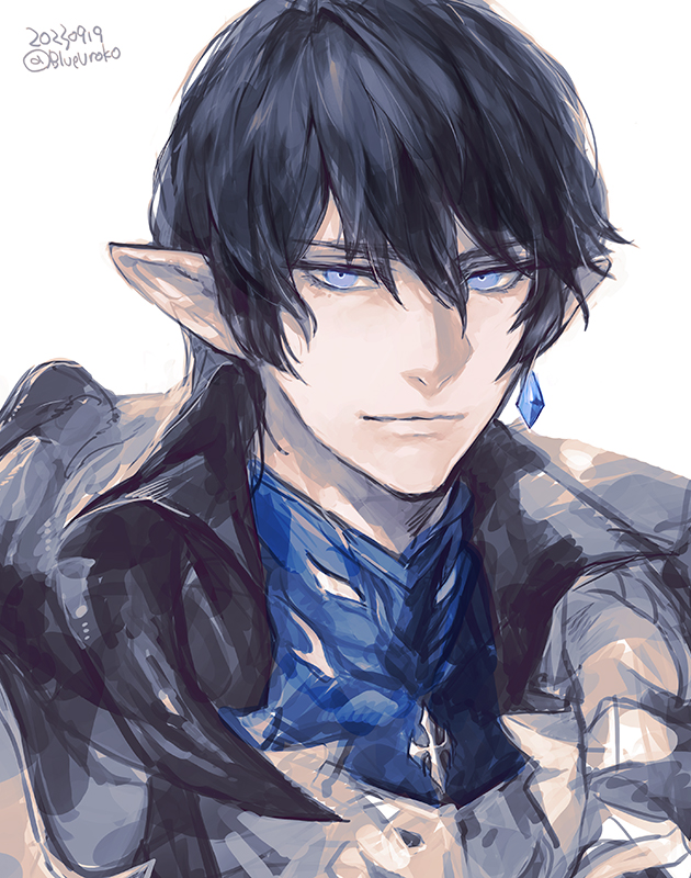 1boy artist_name aymeric_de_borel black_hair blue_eyes commentary_request dated earrings elezen elf final_fantasy final_fantasy_xiv hair_between_eyes jewelry looking_at_viewer pointy_ears portrait short_hair signature simple_background single_earring solo uroko_(mnr) white_background