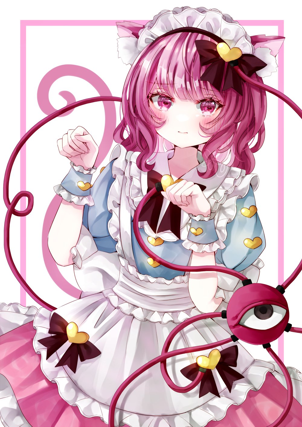 1girl adapted_costume animal_ear_fluff animal_ears apron blue_shirt blush bow buttons cat_ears cat_tail closed_mouth commentary dress_bow eyeball frilled_shirt_collar frills hair_bow hair_ornament hairband heart heart-shaped_ornament heart-shaped_pupils heart_button heart_hair_ornament highres jaku_sono komeiji_satori long_hair looking_at_viewer maid maid_apron maid_headdress paw_pose pink_eyes pink_hair pink_skirt red_bow shirt skirt solo symbol-shaped_pupils tail third_eye touhou wrist_cuffs