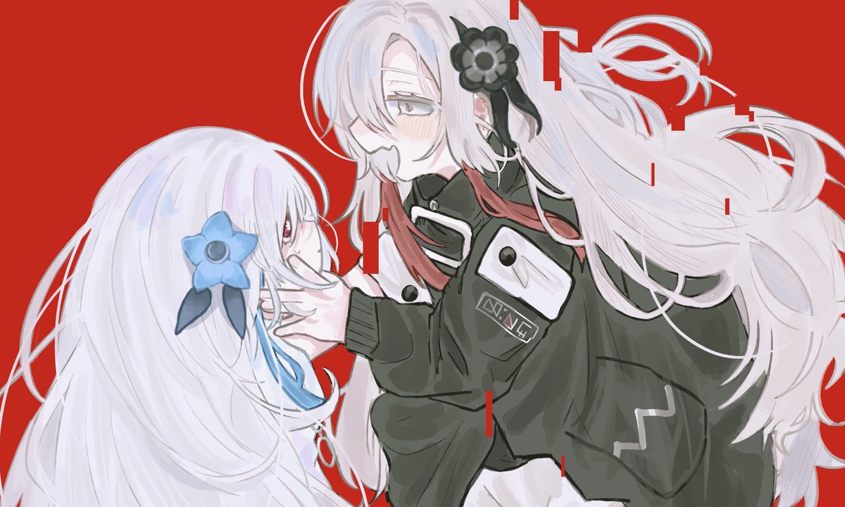 2girls black_coat black_flower blue_flower blue_hair blush coat dress dual_persona expressionless eye_contact faoru_ofuton flower glitch grey_eyes grey_hair hair_flower hair_ornament hair_over_one_eye hands_on_another's_cheeks hands_on_another's_face isekai_joucho kamitsubaki_studio long_hair looking_at_another multicolored_hair multiple_girls open_mouth red_background red_eyes redhead simple_background smile two-tone_hair very_long_hair virtual_youtuber white_dress