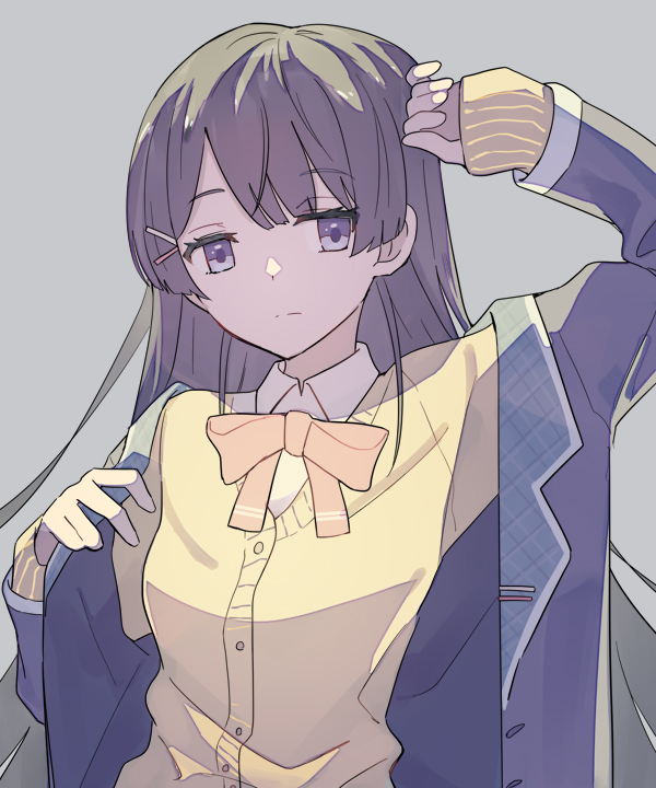 1girl :| bangs_pinned_back black_hair blue_jacket bow bowtie closed_mouth expressionless grey_background hair_ornament hairpin jacket light_frown long_hair looking_at_viewer nijisanji open_clothes open_jacket orange_bow orange_bowtie sidelocks simple_background solo sou_(tuhut) suit_jacket sweater tsukino_mito upper_body v-neck violet_eyes virtual_youtuber yellow_sweater