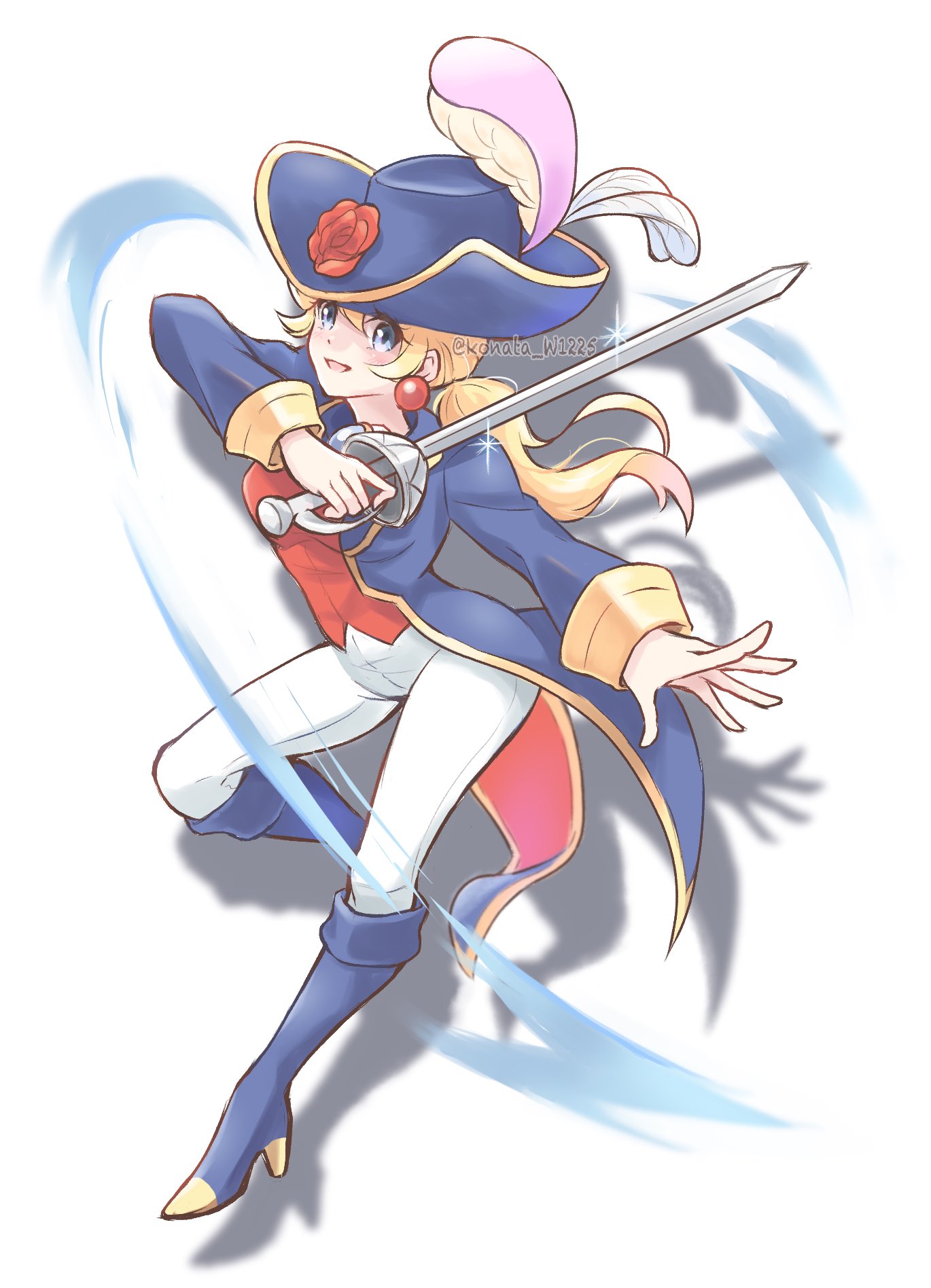 1girl artist_name blonde_hair blue_coat blue_eyes blue_footwear blue_headwear boots cavalier_hat coat earrings flower full_body hat hat_feather hat_flower high_heel_boots high_heels highres holding holding_sword holding_weapon jewelry knee_boots konata_w1225 long_hair looking_at_viewer low_ponytail official_alternate_costume official_alternate_hairstyle open_mouth pants princess_peach princess_peach:_showtime! rapier red_coat red_flower red_rose red_vest rose simple_background solo sphere_earrings super_mario_bros. sword swordfighter_peach two-sided_coat two-sided_fabric vest weapon white_background white_pants
