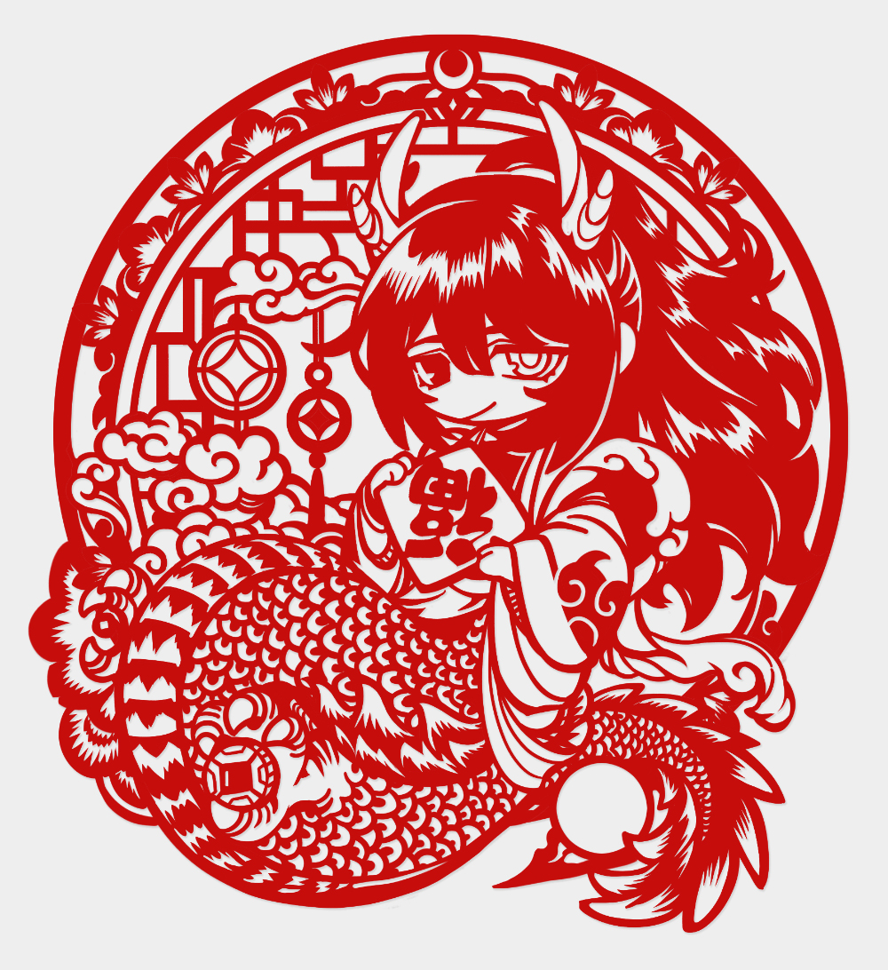 1boy chinese_clothes claws clouds dao_fu dragon_boy dragon_horns faux_traditional_media flaw_eight flower hanfu heterochromia high_ponytail hong_lu_(project_moon) horns lattice limbus_company long_hair looking_at_viewer male_focus monochrome paper_cutout_(medium) project_moon red_theme solo tail tassel taur very_long_hair wide_sleeves