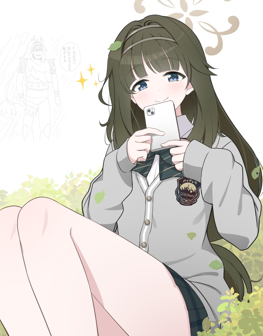 1girl blue_archive blue_eyes brown_hair bush cellphone character_request closed_mouth commentary_request hair_ornament halo headband holding holding_phone hoshino_ouka leaf looking_at_viewer phone school_uniform simple_background smile solo thighs translation_request white_background