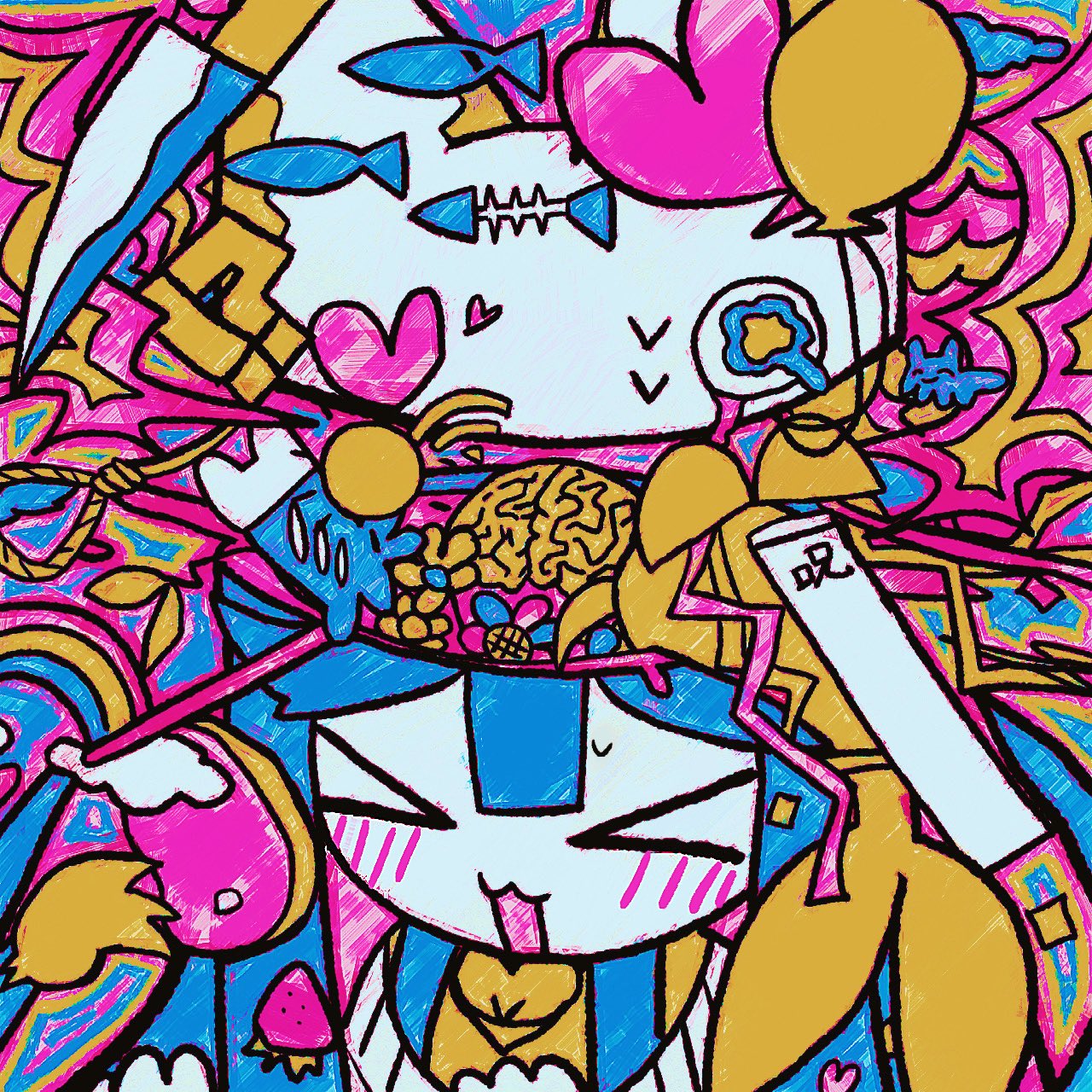 !? &gt;_&lt; 1girl :3 abstract_background animal_hat balloon banner blue_hair blunt_bangs blush brain cat_hat colorful commentary_request confetti_ball fish fish_skeleton flower food fruit hands_up hat heart_balloon highres knife long_hair noose original portrait rainbow shironeko_(gosot3syobrmxbg) solo split_head strawberry streamers twitter twitter_bird