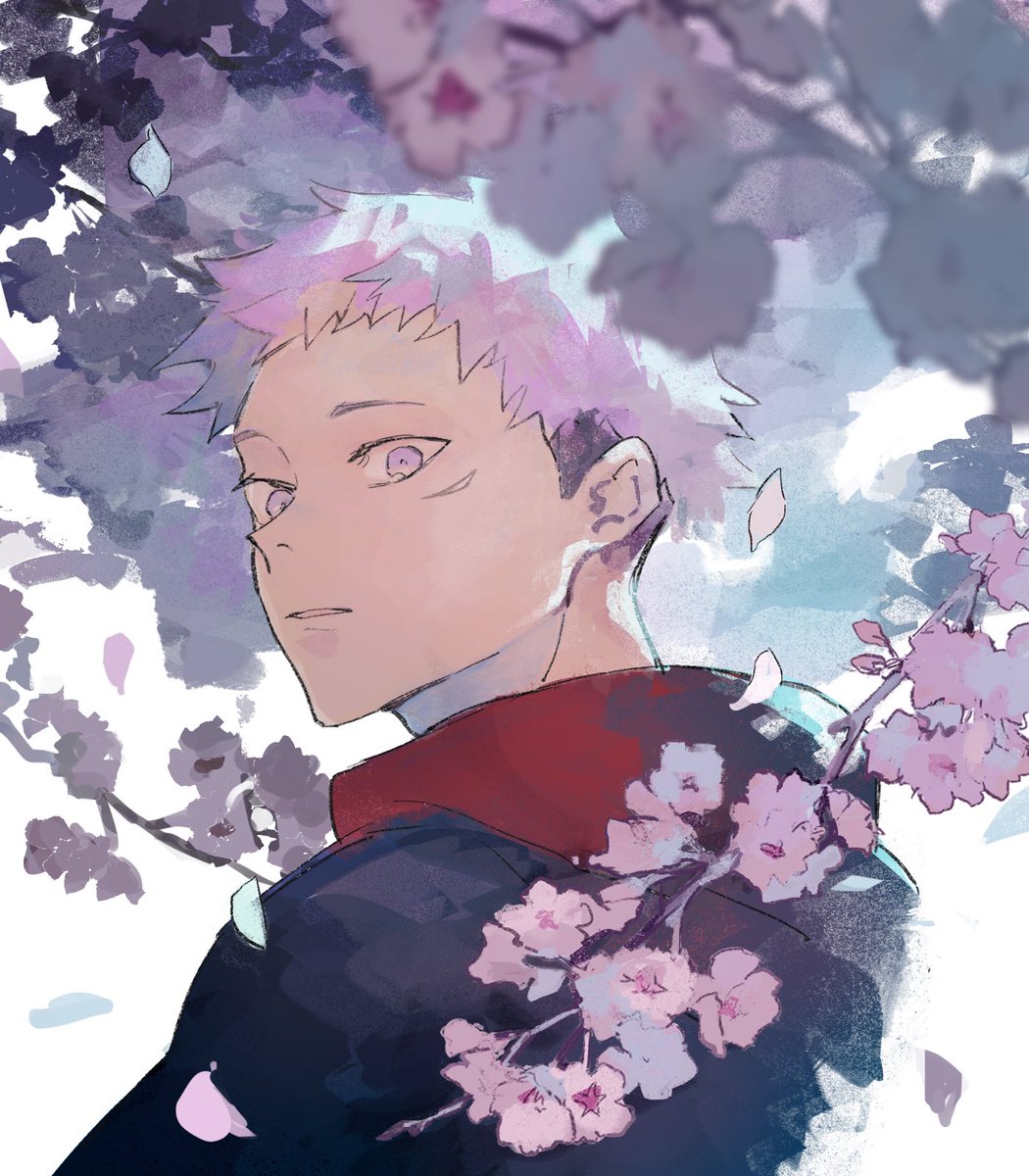 1boy bad_id bad_twitter_id black_jacket cherry_blossoms commentary_request facial_mark falling_petals highres hood hoodie imoimotaru10 itadori_yuuji jacket jujutsu_kaisen looking_at_viewer looking_back male_focus parted_lips petals pink_hair profile red_hoodie solo spiky_hair undercut upper_body