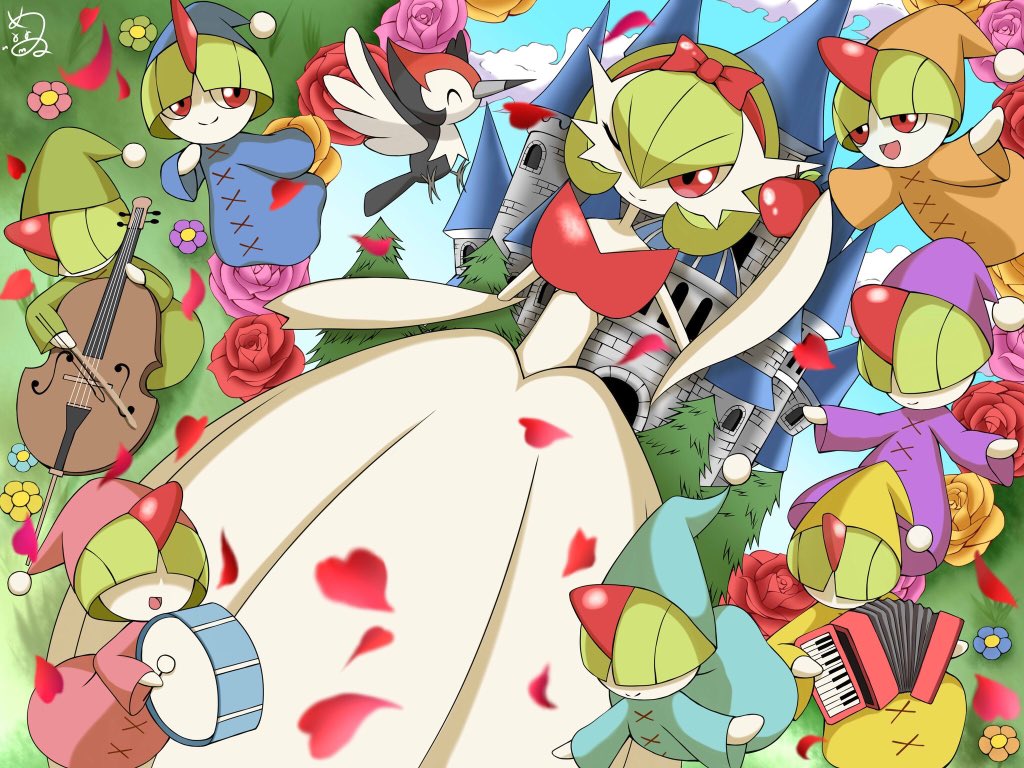 accordion apple blue_sky bob_cut bow castle clouds dress drum flower food fruit gardevoir green_hair hair_bow hair_over_eyes holding holding_food holding_fruit instrument mega_gardevoir mega_pokemon one_eye_closed open_mouth pikipek pink_eyes pokemon pokemon_(creature) ralts red_bow shabana_may signature sky smile snow_white tree violin white_dress