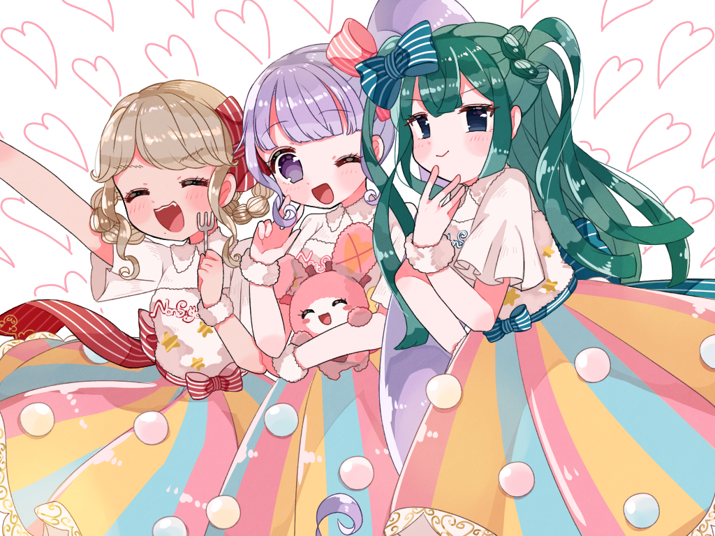 3girls :d ;d animal arm_up blue_eyes blunt_bangs blush bow brown_hair closed_eyes cowboy_shot fork green_hair hair_bow hand_up holding holding_animal holding_fork kira_(kiratwins) long_hair looking_at_viewer manaka_non multiple_girls one_eye_closed open_mouth outstretched_arm pretty_series pripara purple_hair rabbit shirt short_hair short_sleeves side_ponytail skirt smile standing striped_clothes striped_skirt taiyo_pepper third-party_source tsukikawa_chili two_side_up vertical-striped_clothes vertical-striped_skirt very_long_hair violet_eyes white_shirt wrist_cuffs