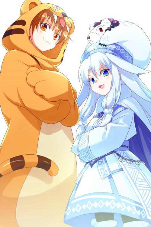 2girls ainu_clothes animal_costume animal_print bear black_pantyhose blue_eyes blue_hat breasts brown_eyes brown_hair cape crossed_arms echo_(circa) fate/grand_order fate_(series) fur_trim hair_flaps hair_ornament hat hood hood_up jaguarman_(fate) long_hair long_sleeves looking_at_viewer mittens multiple_girls open_mouth pantyhose polar_bear pom_pom_(clothes) pom_pom_hair_ornament sash shirou_(bear)_(fate) shirt sidelocks sitonai_(fate) sitonai_(third_ascension)_(fate) skirt small_breasts smile tail thigh-highs thighhighs_over_pantyhose tiger_costume tiger_print white_cape white_hair white_shirt white_skirt white_thighhighs