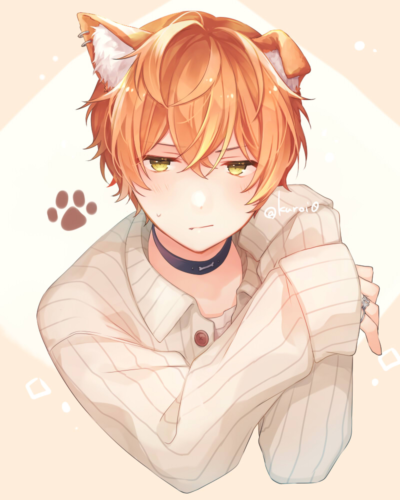 1boy animal_ear_fluff animal_ears black_choker blonde_hair blush brown_background choker closed_mouth commentary_request cropped_torso dog_ears ear_piercing fang fang_out hair_between_eyes jacket jewelry kemonomimi_mode kuroi_(liar-player) long_sleeves looking_at_viewer male_focus multicolored_hair open_clothes open_jacket orange_hair piercing project_sekai ring shinonome_akito sleeves_past_wrists solo streaked_hair sweat twitter_username two-tone_background upper_body white_jacket yellow_eyes