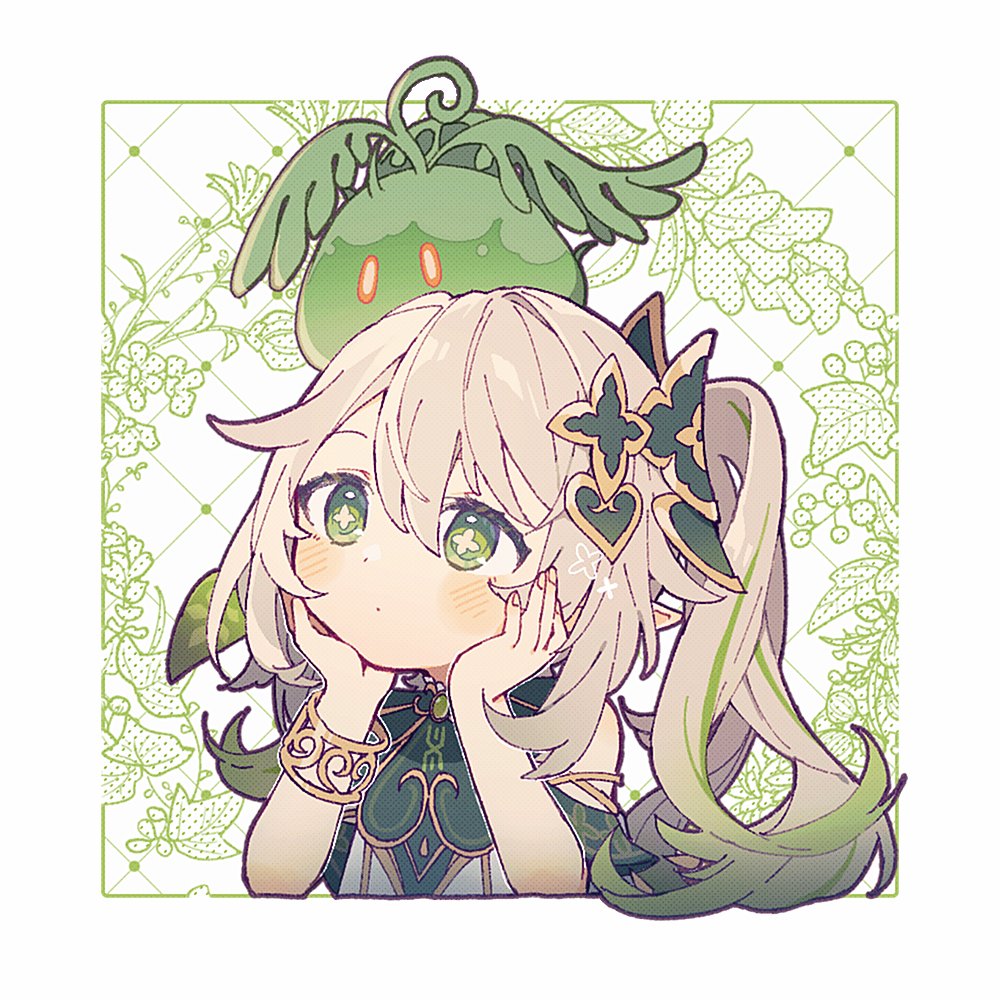 1girl anetu_u107 blush border bracelet closed_mouth commentary_request cross-shaped_pupils detached_sleeves dress elbow_rest expressionless eyelashes genshin_impact gold_trim gradient_hair green_dress green_eyes green_hair green_sleeves hair_between_eyes hair_ornament hands_up head_rest jewelry leaf_hair_ornament long_hair multicolored_hair nahida_(genshin_impact) on_head outside_border pointy_ears short_sleeves side_ponytail sidelocks simple_background sleeveless sleeveless_dress slime_(genshin_impact) solo streaked_hair symbol-shaped_pupils white_background white_border white_dress white_hair