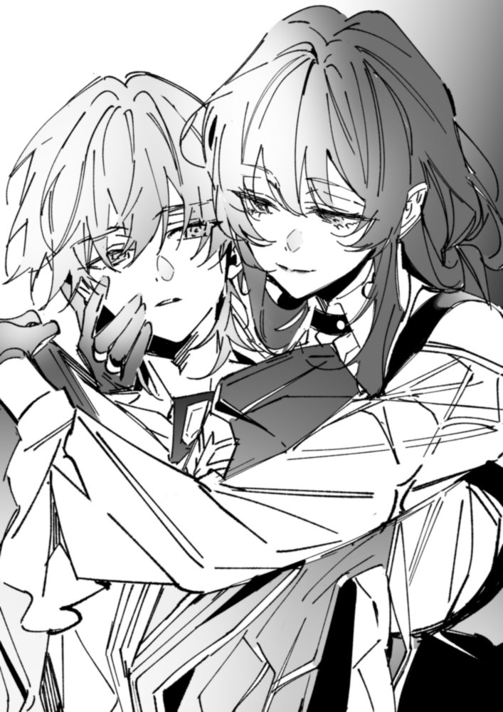 1boy 1girl caelus_(honkai:_star_rail) choker closed_mouth collared_shirt dlckrpwjd111 gloves greyscale hand_on_another's_cheek hand_on_another's_face hand_on_another's_shoulder hand_up hetero honkai:_star_rail honkai_(series) hug jewelry kafka_(honkai:_star_rail) long_sleeves looking_to_the_side low_ponytail monochrome ring shirt smile trailblazer_(honkai:_star_rail) upper_body
