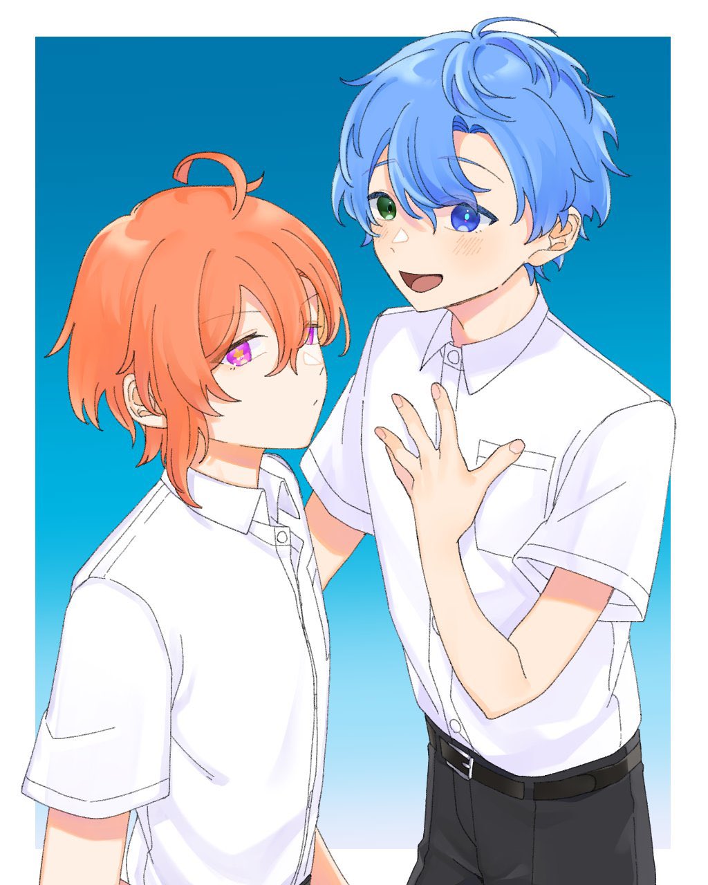 2boys :/ ahoge black_pants blue_background blue_eyes blue_hair borrowed_character breast_pocket closed_mouth collared_shirt commentary_request gradient_background green_eyes hair_between_eyes hand_on_own_chest highres looking_at_another looking_at_viewer male_focus medium_hair multiple_boys open_mouth orange_hair original pants pink_eyes pocket rramarukun school_uniform shirt short_hair short_sleeves simple_background solo standing star-shaped_pupils star_(symbol) symbol-shaped_pupils upper_body white_shirt