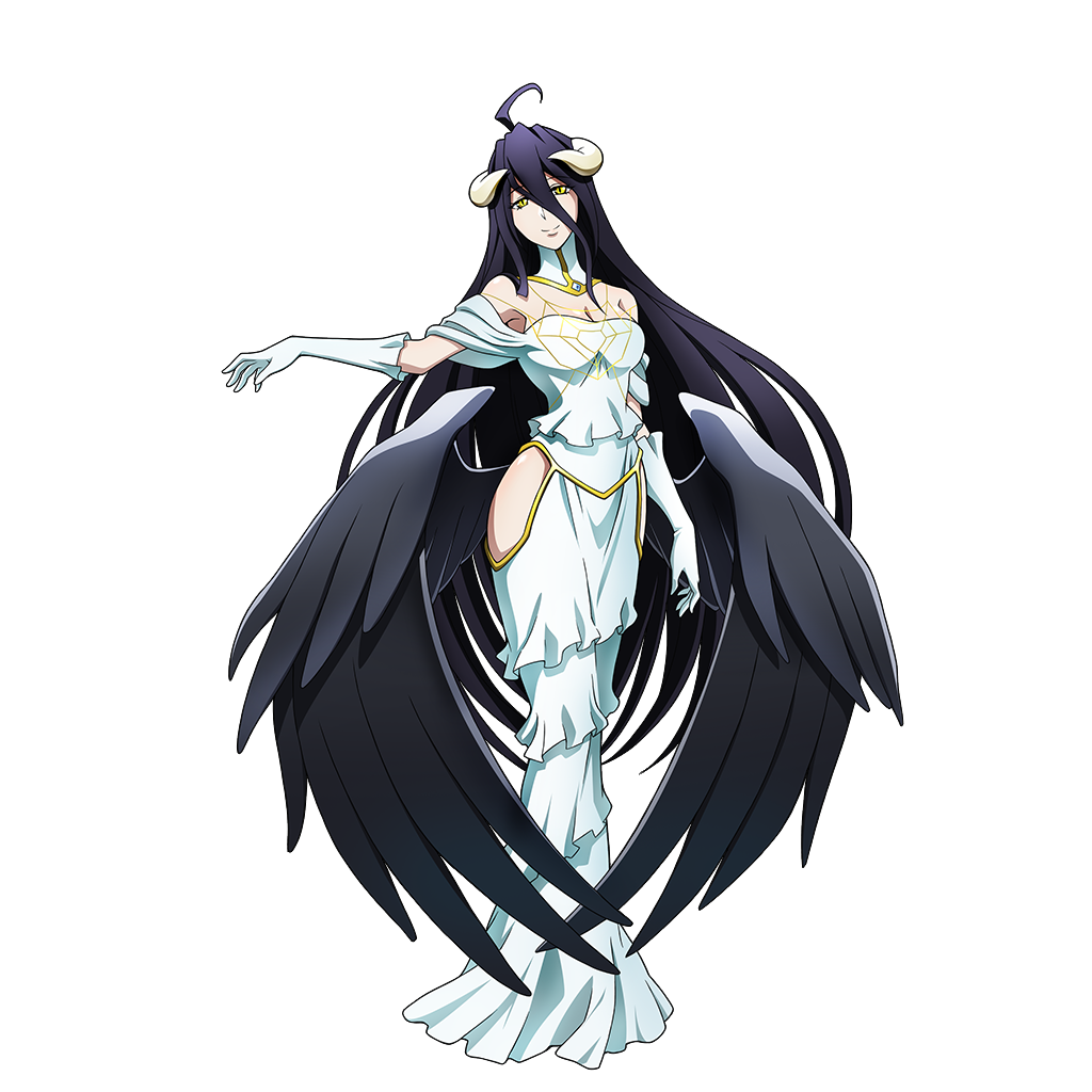 1girl ahoge albedo_(overlord) bare_shoulders black_hair black_wings breasts demon_girl demon_horns dress feathered_wings gloves hair_between_eyes horns large_breasts long_hair official_art overlord_(maruyama) smile solo white_dress white_gloves wings yellow_eyes