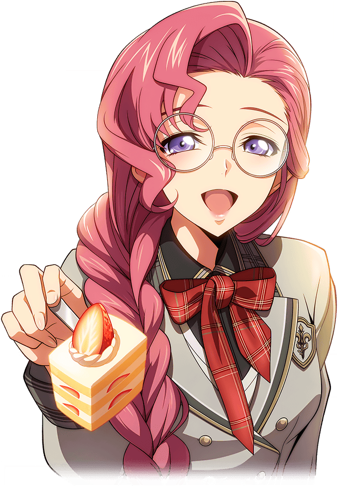 1girl arm_at_side artist_request blue_eyes bow bowtie braid breasts buttons cake cake_slice code_geass code_geass:_lost_stories cropped_torso double-breasted euphemia_li_britannia food forehead fork fruit game_cg glasses grey_jacket hair_over_shoulder half-closed_eyes hand_up happy holding holding_food holding_fork jacket long_hair long_sleeves looking_at_viewer non-web_source official_art open_mouth pink_hair plaid plaid_bow plaid_bowtie red_bow red_bowtie round_eyewear school_uniform sidelocks simple_background single_braid small_breasts smile solo strawberry strawberry_shortcake transparent_background upper_body white-framed_eyewear