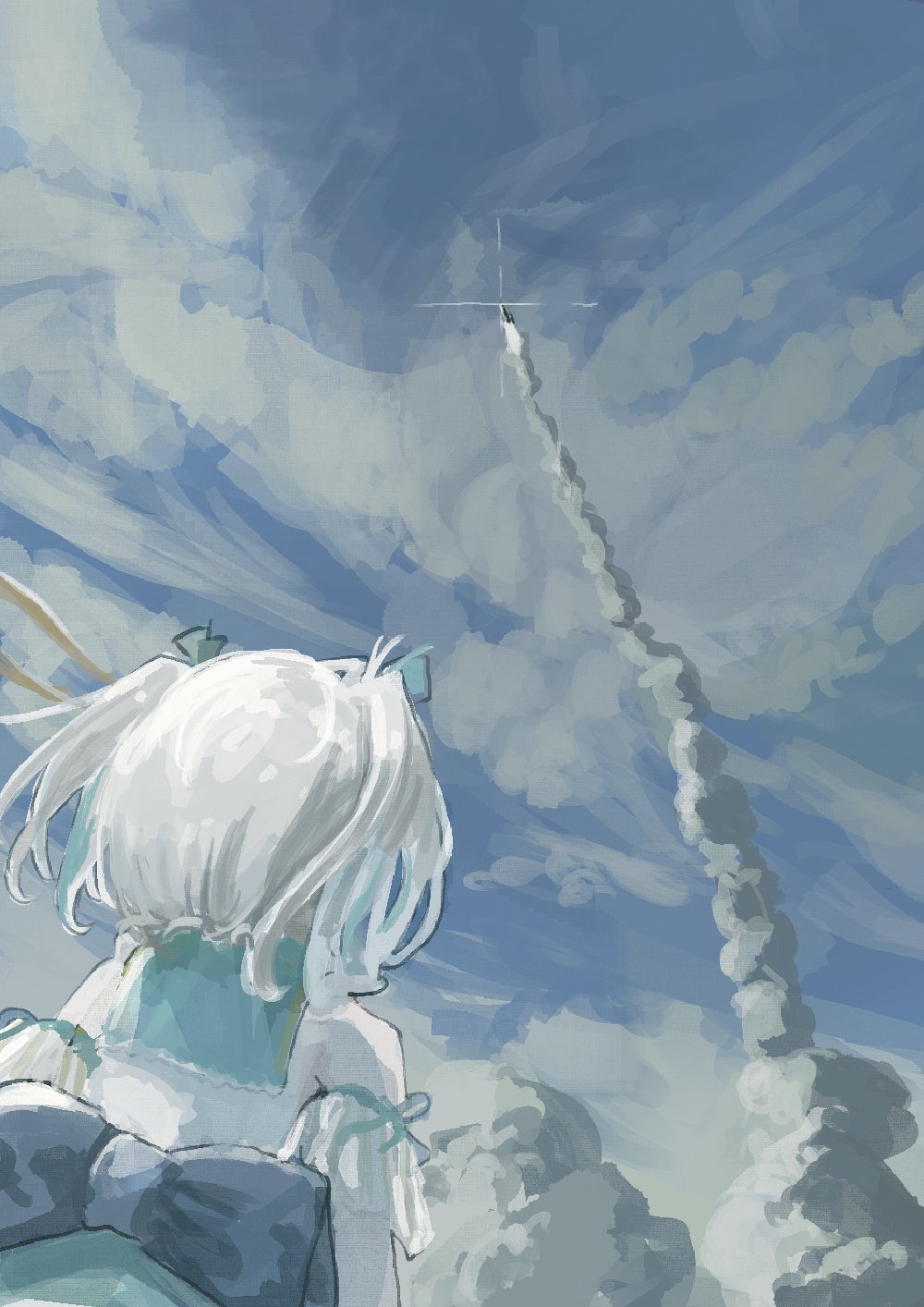 1girl back_bow blue_bow blue_ribbon blue_sky bow clouds cloudy_sky commentary_request facing_away floating_hair from_behind from_below glint h3_launch_vehicle hair_ribbon highres indie_virtual_youtuber launching olime_sian ribbon rocket shirt sky smoke_trail solo twintails upper_body usui_clear virtual_youtuber white_hair white_shirt