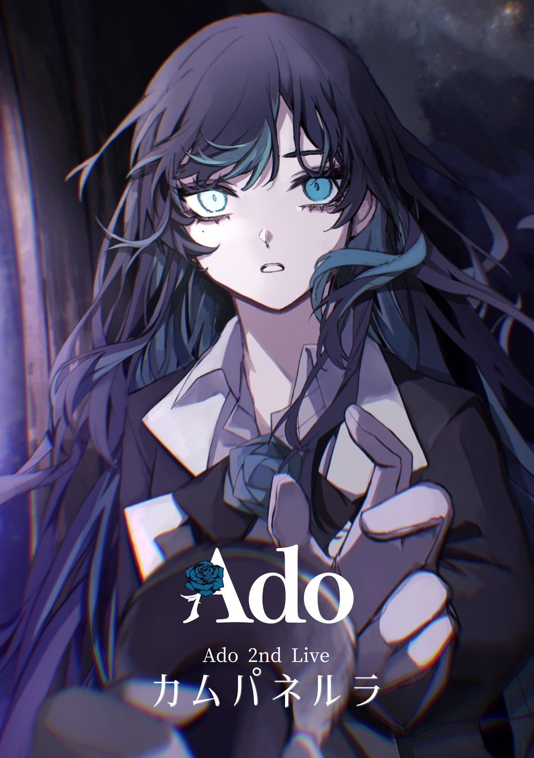 1girl ado_(utaite) artist_name_(singer) black_bow black_bowtie black_jacket blue_eyes blue_flower blue_hair blue_rose blurry blurry_foreground bow bowtie chando_(ado) cloud_nine_inc colored_inner_hair commentary_request dark_background depth_of_field dress_shirt eyelashes flower giving gloves hand_up heterochromia highres holding holding_microphone jacket lapels long_hair long_sleeves looking_at_viewer microphone multicolored_hair notched_lapels official_art orihara_(ewkkyorhr) parted_lips pov rose shirt slit_pupils solo suit_jacket swept_bangs translation_request two-tone_hair upper_body very_long_hair white_gloves white_shirt yellow_eyes