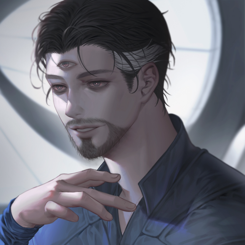 1boy black_hair blue_shirt commentary_request doctor_strange doctor_strange_in_the_multiverse_of_madness facial_hair fingernails grey_eyes grey_hair hand_up indoors korean_commentary lips long_sleeves looking_to_the_side male_focus mandarin_collar marvel marvel_cinematic_universe multicolored_hair poboong123 round_window shirt short_hair smile solo teeth third_eye two-tone_hair upper_body window