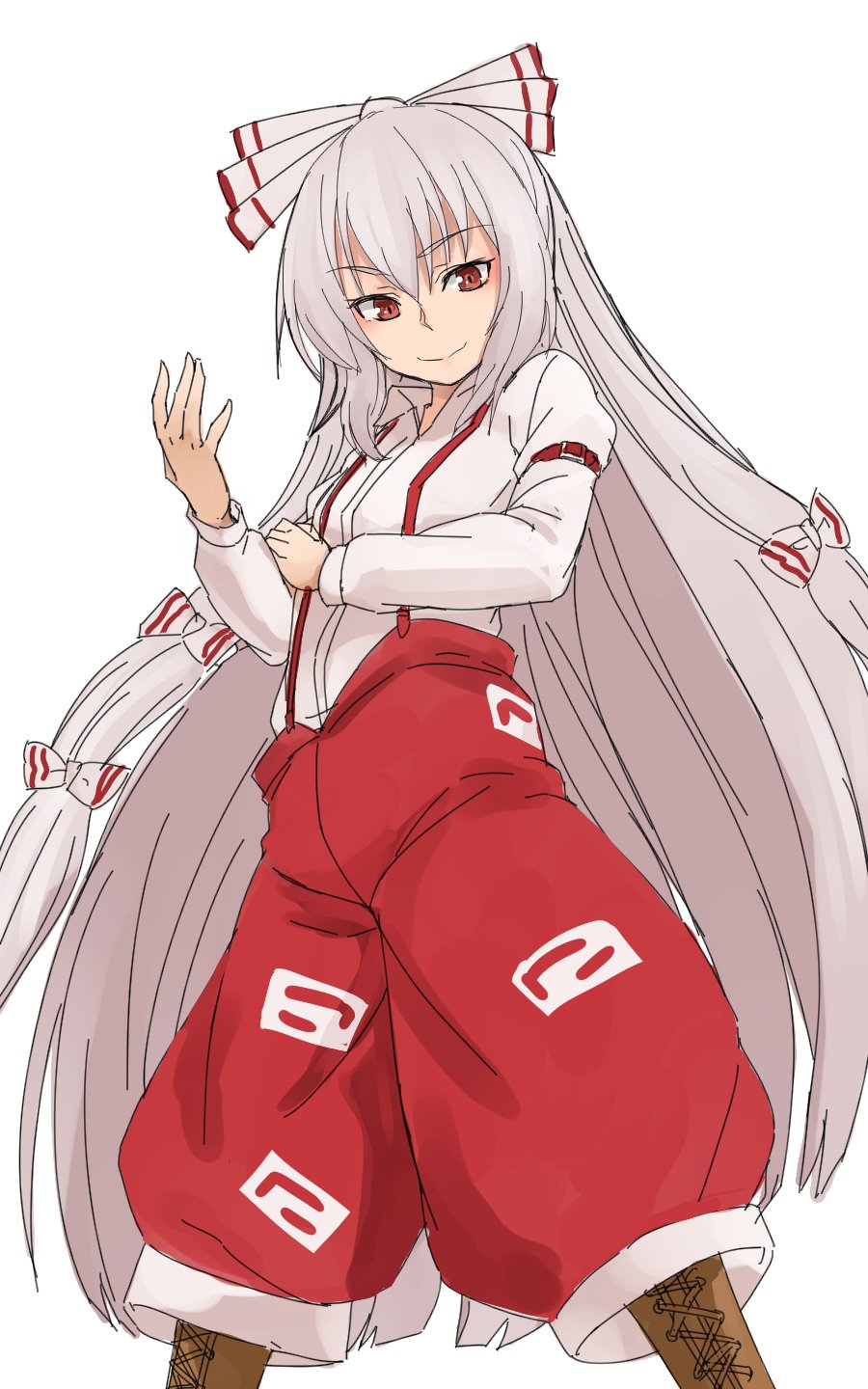 1girl bow closed_mouth collared_shirt commentary_request feet_out_of_frame fujiwara_no_mokou grey_hair hair_bow highres kakone long_hair long_sleeves looking_at_viewer ofuda ofuda_on_clothes one-hour_drawing_challenge pants red_eyes red_pants shirt simple_background solo suspenders touhou very_long_hair white_background white_bow white_shirt