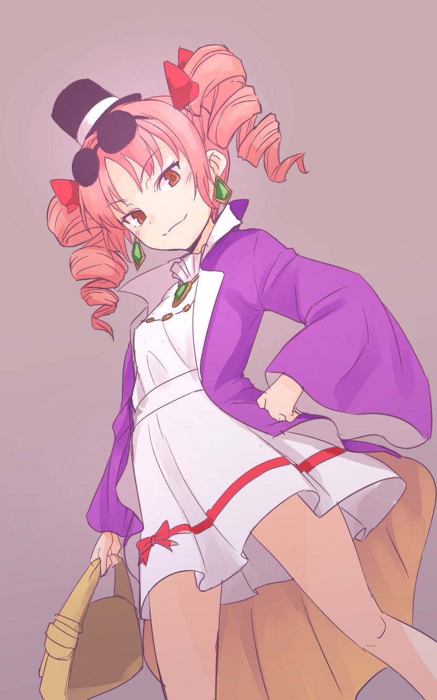 1girl bag closed_mouth coat commentary_request dress earrings hat highres jewelry kakone long_sleeves looking_at_viewer one-hour_drawing_challenge orange_eyes orange_hair pendant purple_coat round_eyewear solo sunglasses top_hat touhou white_dress wide_sleeves yorigami_jo'on